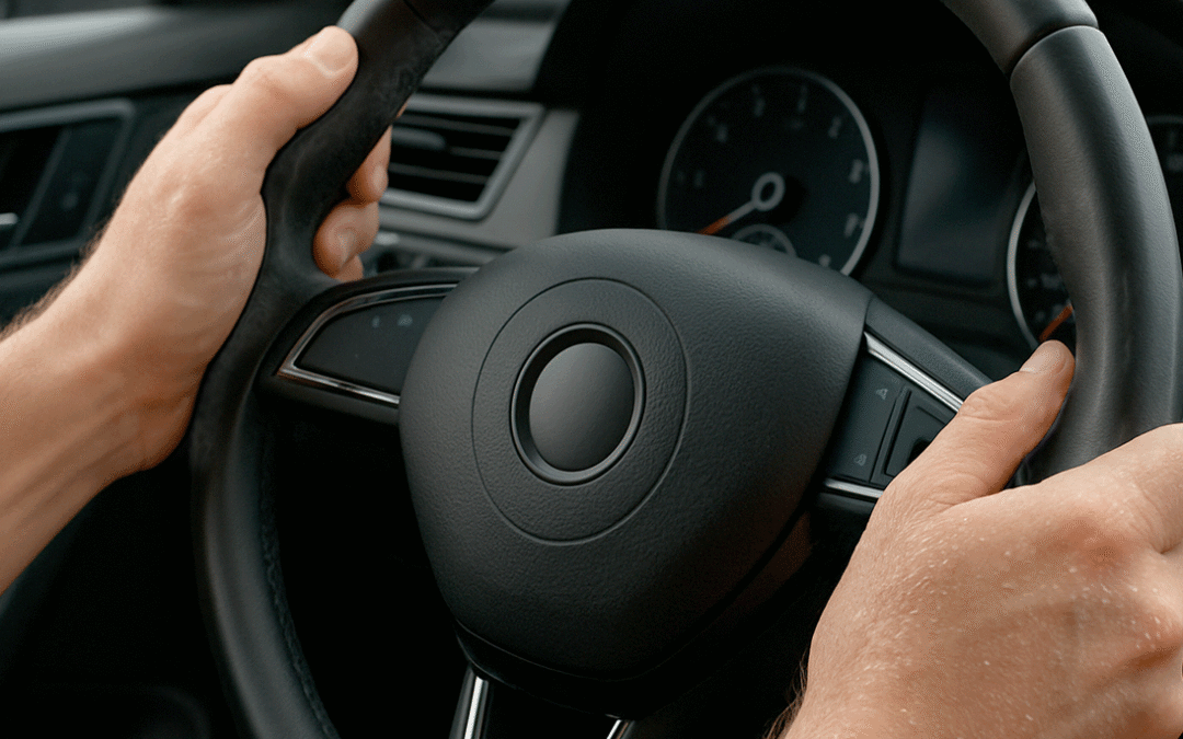 Sweaty hands gripping a steering wheel while driving a car