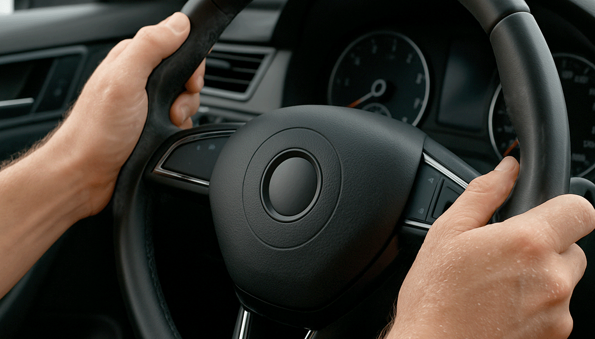 Sweaty hands gripping a steering wheel while driving a car