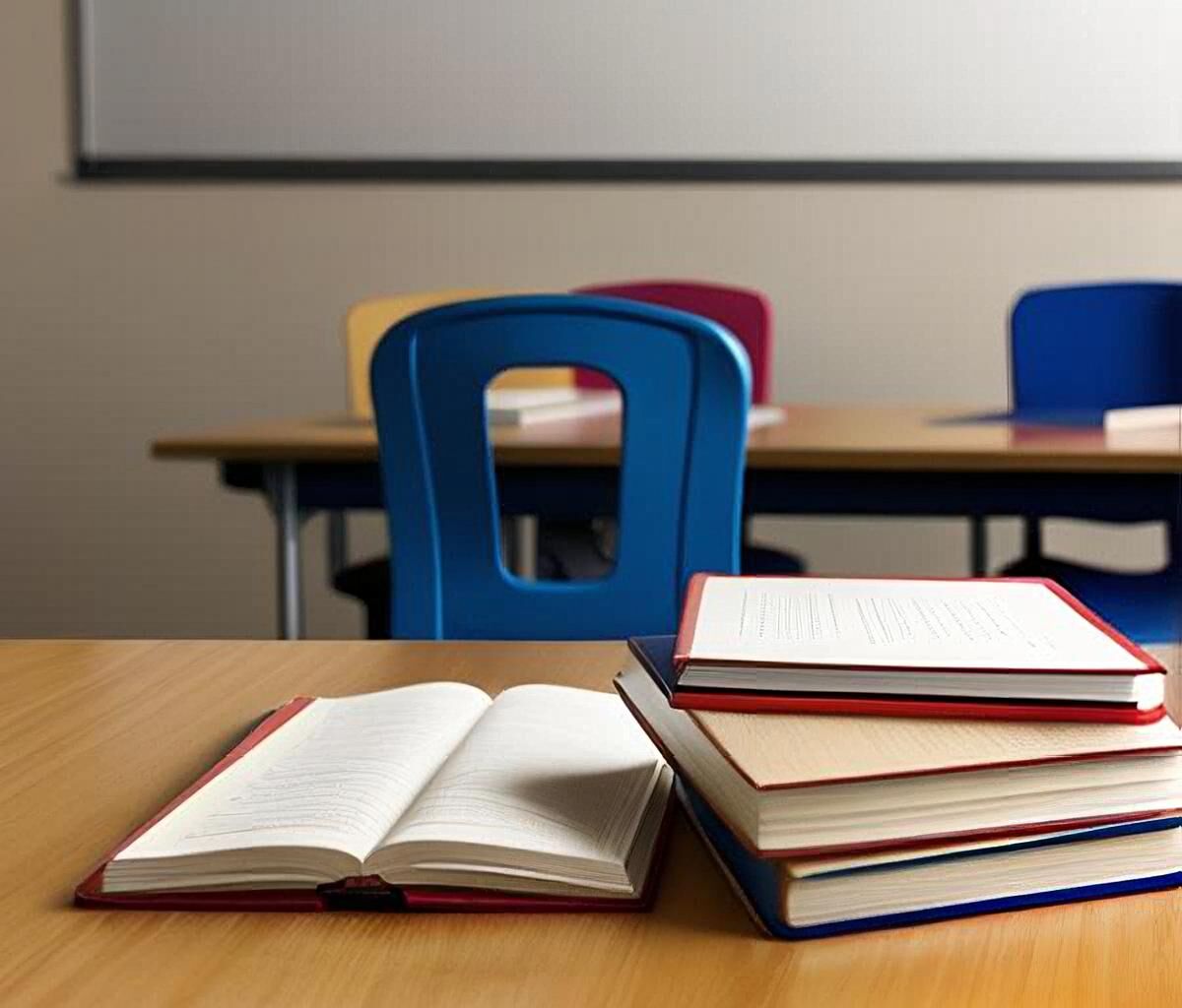 A classroom desk with a stack of books.