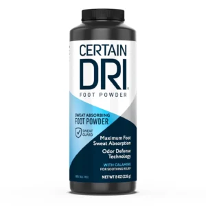 Certain-Dri-Foot-Powder A bottle of Certain Dri foot powder for sweaty feet.