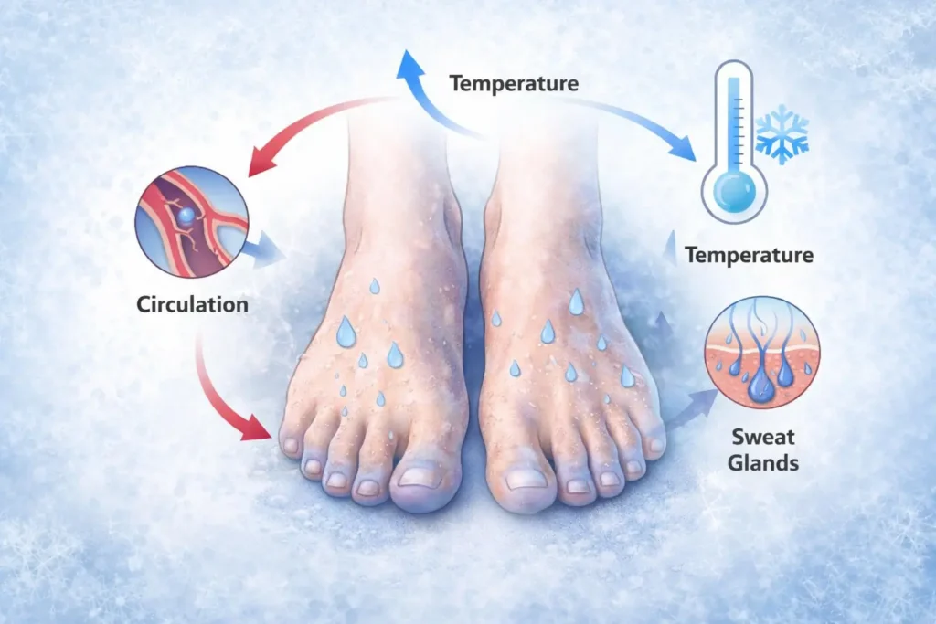 Diagram showing causes of cold and sweating feet including circulation and sweating