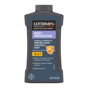 Lotrimin-Foot-Powder A bottle of Lotrimin foot powder with antifungal for sweaty feet.