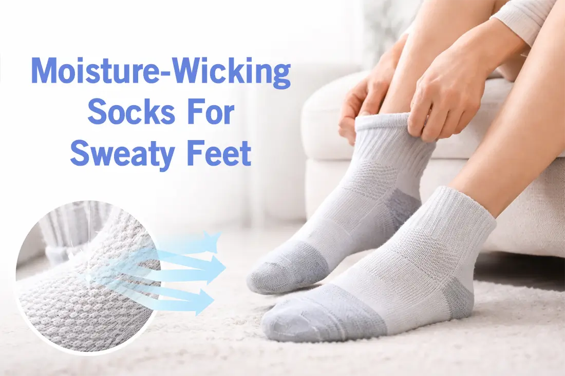 A person putting on a pair of moisture-wicking socks for sweaty feet.