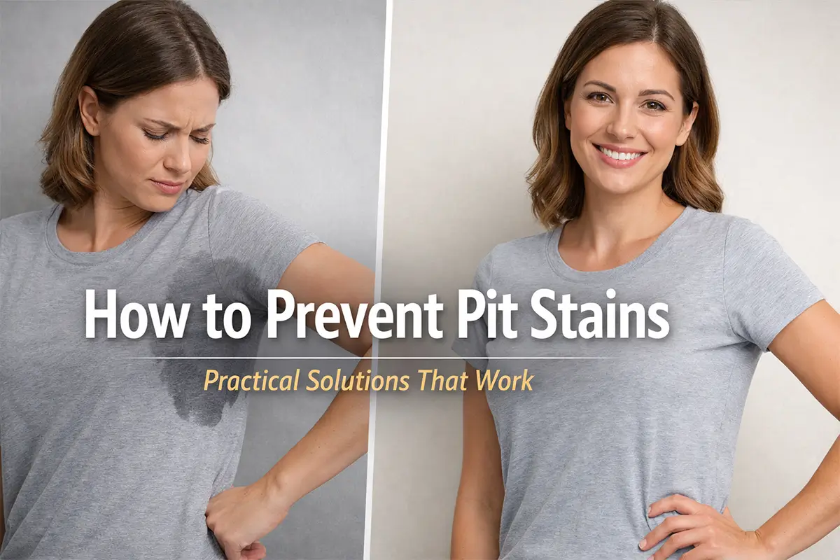Before and after comparison showing how to prevent pit stains caused by underarm sweat.