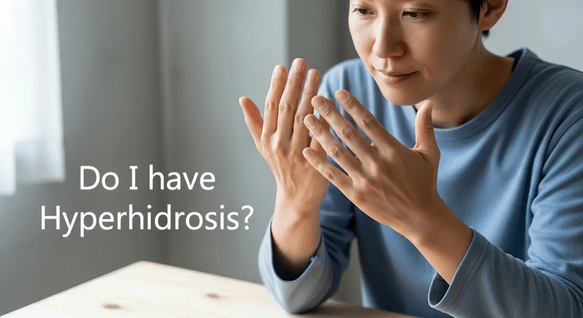 Person examining sweaty palms to determine if they have hyperhidrosis