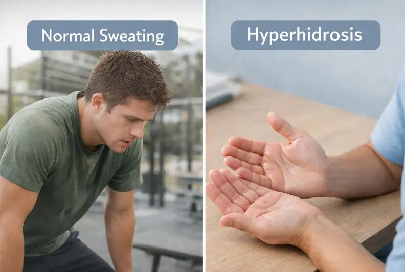 normal-sweating-vs-hyperhidrosis-comparison Comparison showing normal sweating versus hyperhidrosis symptoms at rest