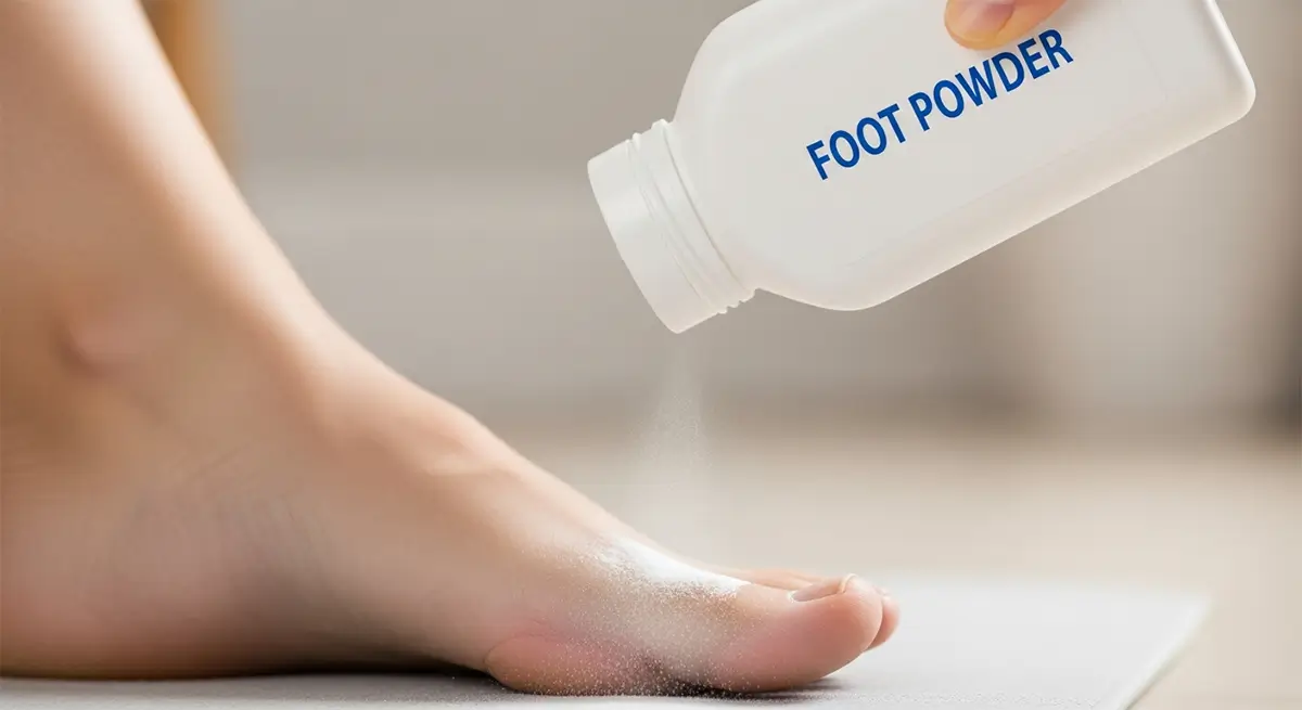 Powder being sprinkled on a foot to prevent sweat and eliminate odor.