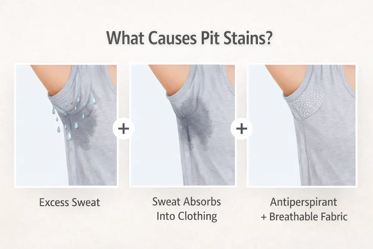 Diagram showing how underarm sweat causes pit stains and how prevention methods keep shirts dry.