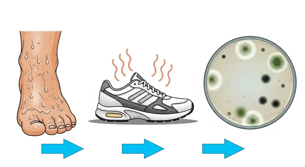 why-sweaty-feet-cause-athletes-foot-diagram An illustration showing how a sweaty foot combined with a hot shoe can lead to foot odor