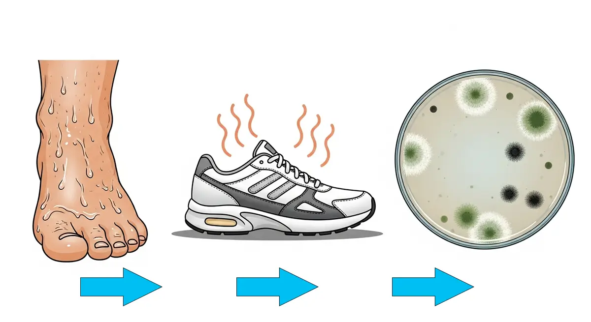 Diagram showing how sweaty feet create a warm, moist environment that leads to athlete’s foot and recurring fungal infections