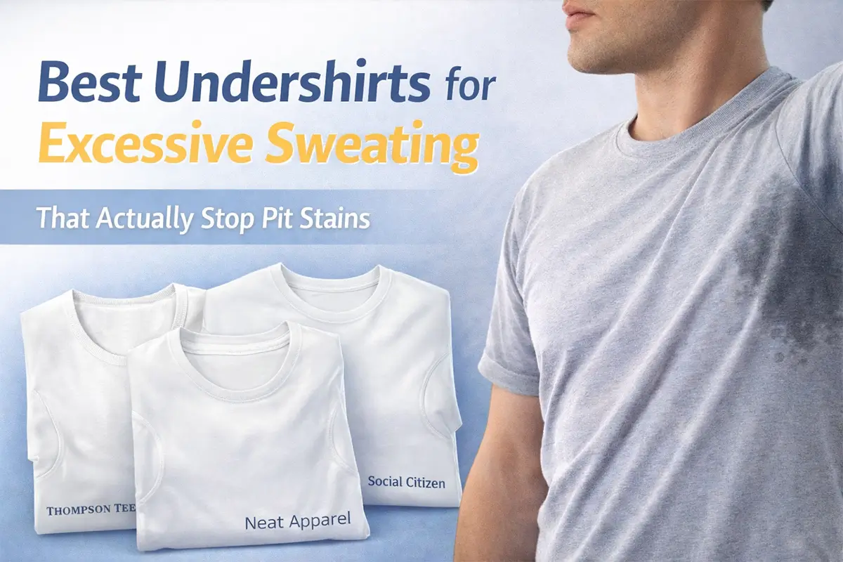 Comparison of the best undershirts for excessive sweating, showing sweat-blocking undershirts next to a shirt with visible underarm sweat stains.