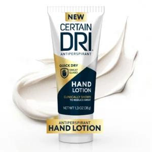 A bottle of Certain Dri Antiperspirant Hand Lotion for treating sweaty hands