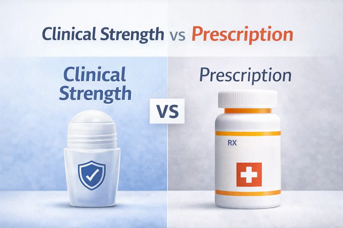 Side-by-side comparison of clinical strength antiperspirant and prescription antiperspirant bottles highlighting differences in treatment options for excessive sweating.