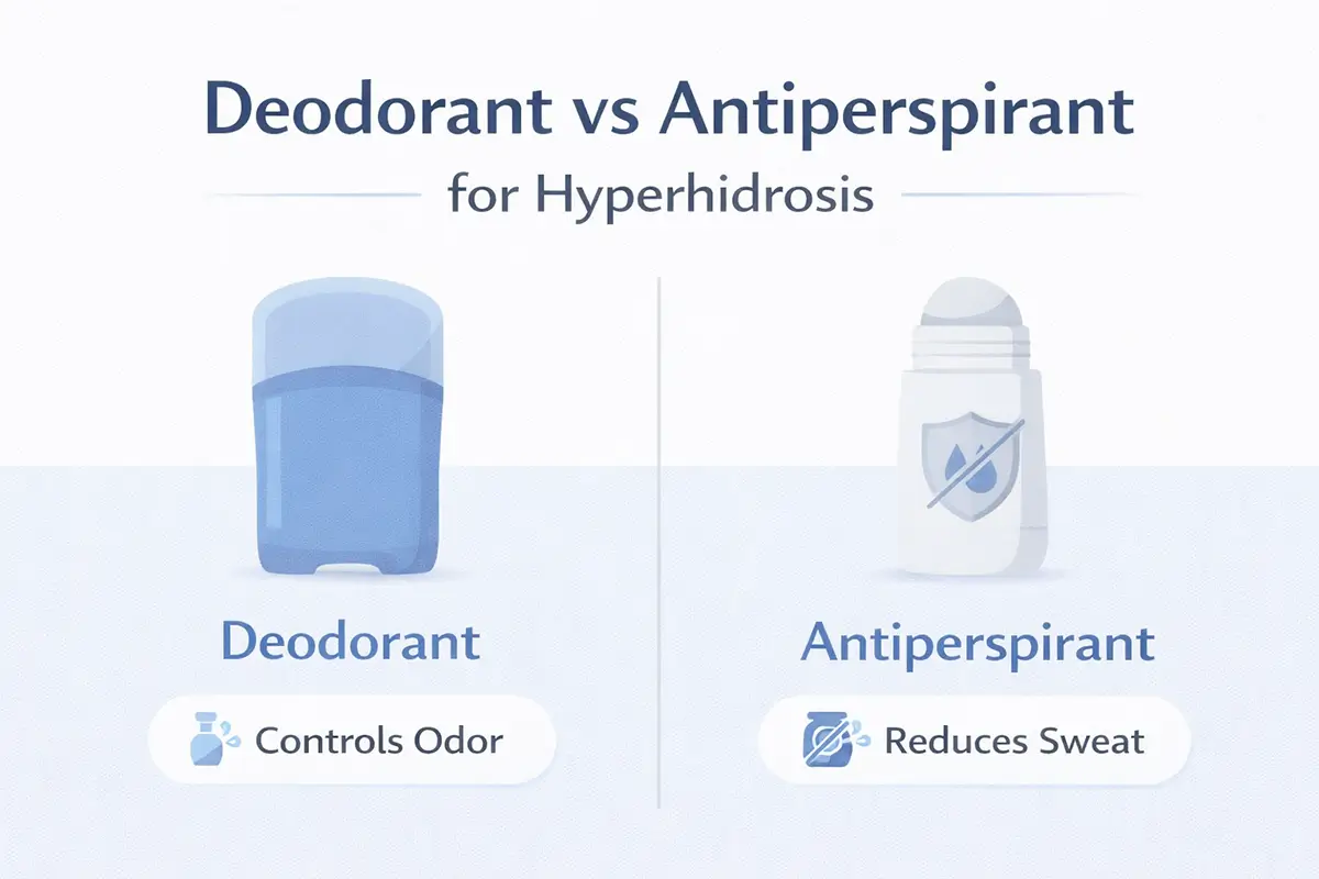 Split comparison graphic showing deodorant on the left with label 'Controls Odor' and antiperspirant on the right with label 'Reduces Sweat', illustrating the differences for managing hyperhidrosis. Clean, flat vector design with white background and soft blue accents.