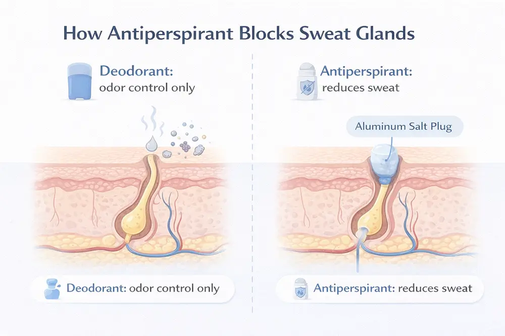 Educational skin cross-section diagram showing how antiperspirants block sweat glands with an aluminum salt plug, compared to deodorant which controls odor only without reducing sweat.