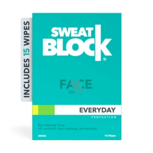 A box of SweatBlock face wipes for facial sweating control.