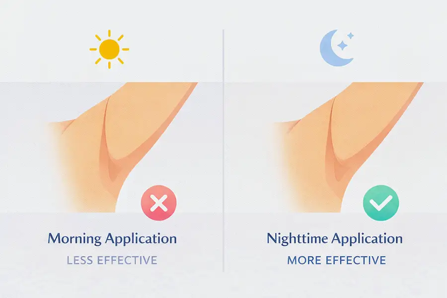 Comparison infographic showing morning vs nighttime antiperspirant application, with nighttime use labeled as more effective and morning use as less effective.