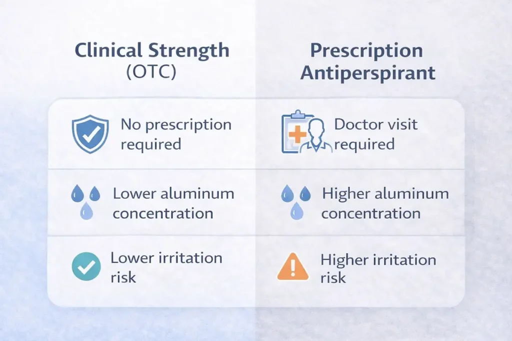 clinical-strength-vs-prescription-antiperspirant-comparison-chart Comparison chart showing differences between clinical strength over-the-counter antiperspirants and prescription antiperspirants, including aluminum concentration, irritation risk, and prescription requirements