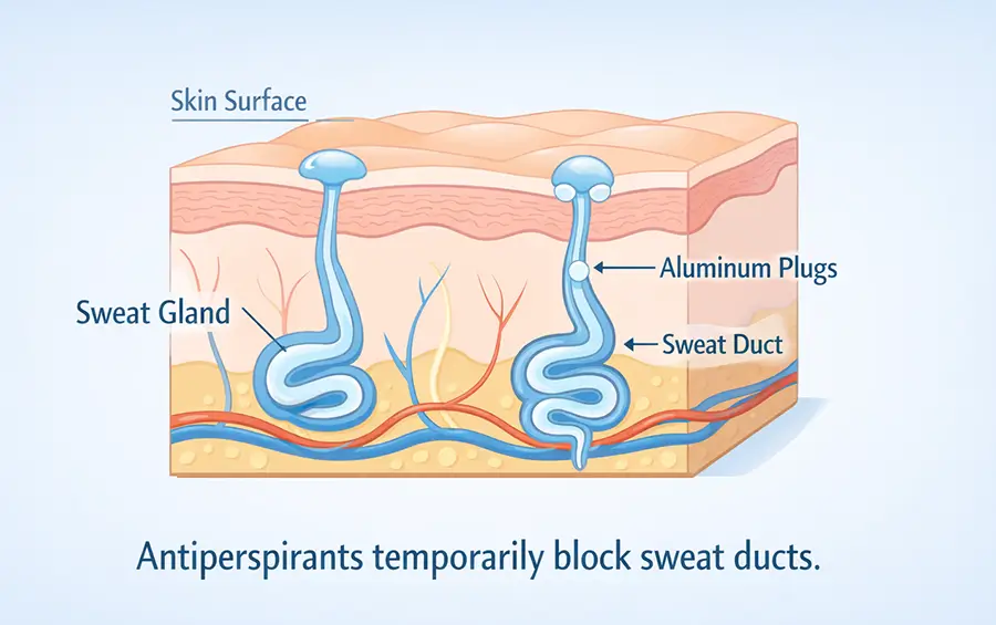 Diagram showing how clinical-strength antiperspirant blocks sweat glands in the palms