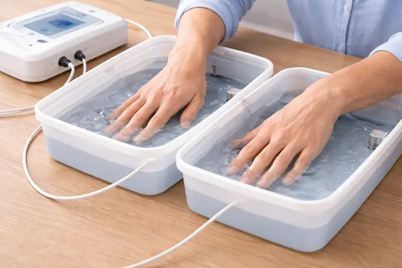 Hands placed in water trays during iontophoresis treatment