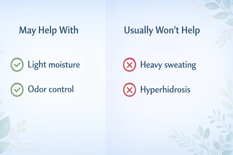 Chart showing what natural aluminum-free antiperspirants can and cannot help with for sweaty palms