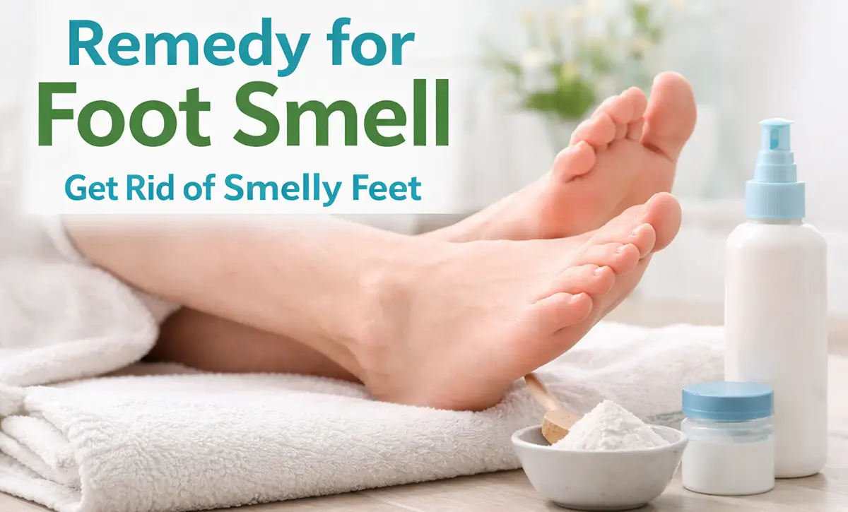 Remedy for foot smell showing clean feet and foot odor treatment products