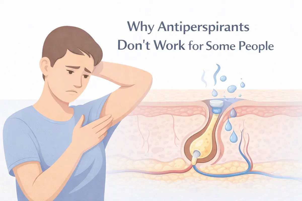 Illustration showing why antiperspirants don’t work for some people, with a person touching their underarm and a skin cross-section diagram where sweat bypasses an aluminum plug in the sweat gland.