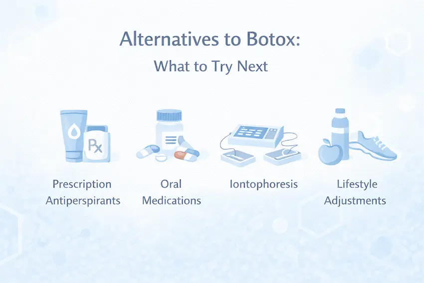 Botox-alternative-for-excessive-sweating A chart showing Botox alternatives for treating excessive sweating, including prescription medications and iontophoresis.