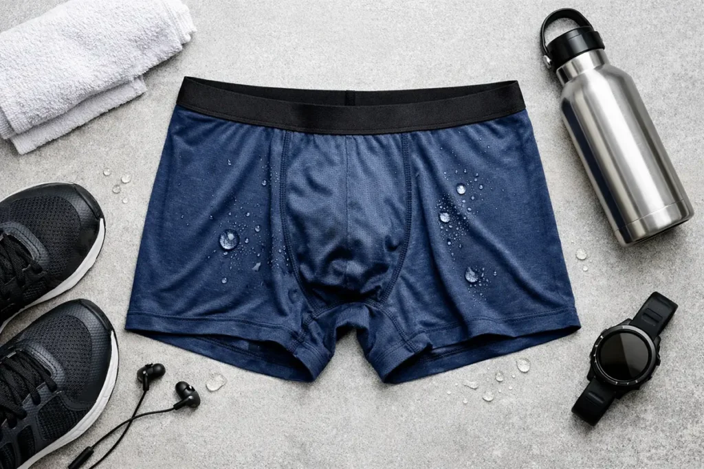 A flat lay of men’s moisture-wicking performance underwear made from breathable athletic fabrics in neutral colors on a wooden background.