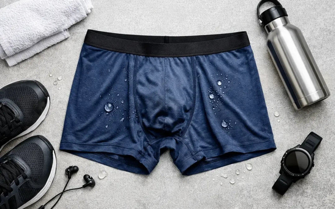 A flat lay of men’s moisture-wicking performance underwear made from breathable athletic fabrics in neutral colors on a wooden background.