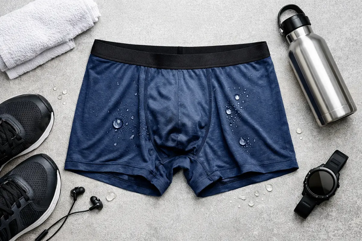 A flat lay of men’s moisture-wicking performance underwear made from breathable athletic fabrics in neutral colors on a wooden background.