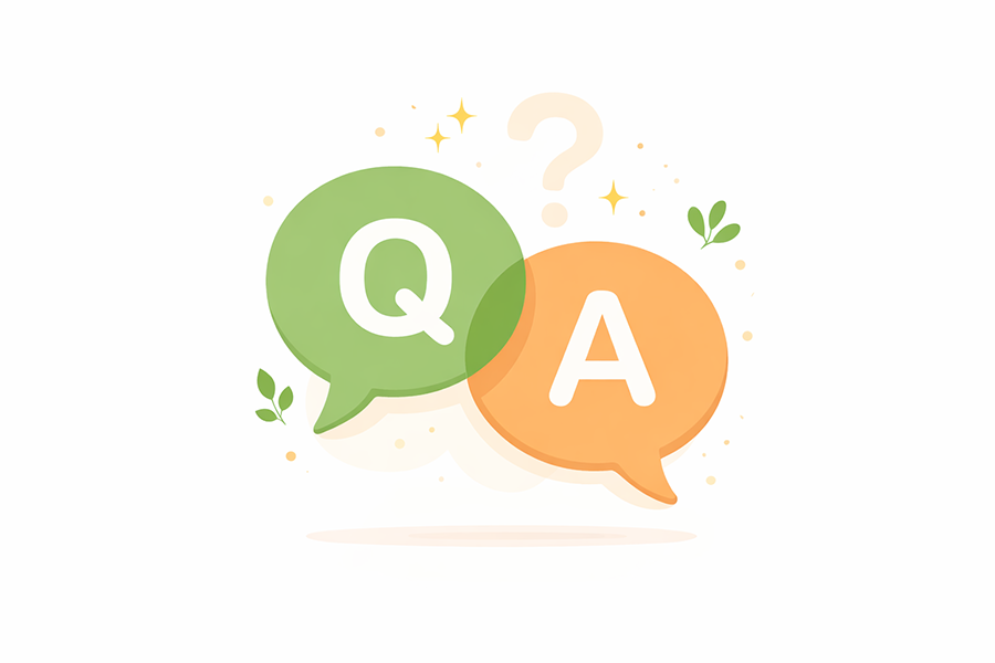 An illustration of Q&A bubbles with a question mark icon to signal the start of the FAQ section.
