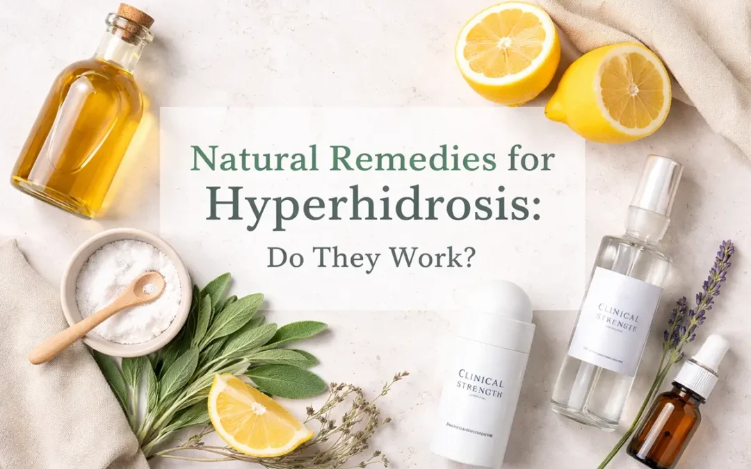 Flat lay of natural hyperhidrosis remedies, including sage, apple cider vinegar, lemons, witch hazel, baking soda, and a clinical-strength antiperspirant, arranged on a light stone background with a text overlay reading “Natural Remedies for Hyperhidrosis: Do They Work?”