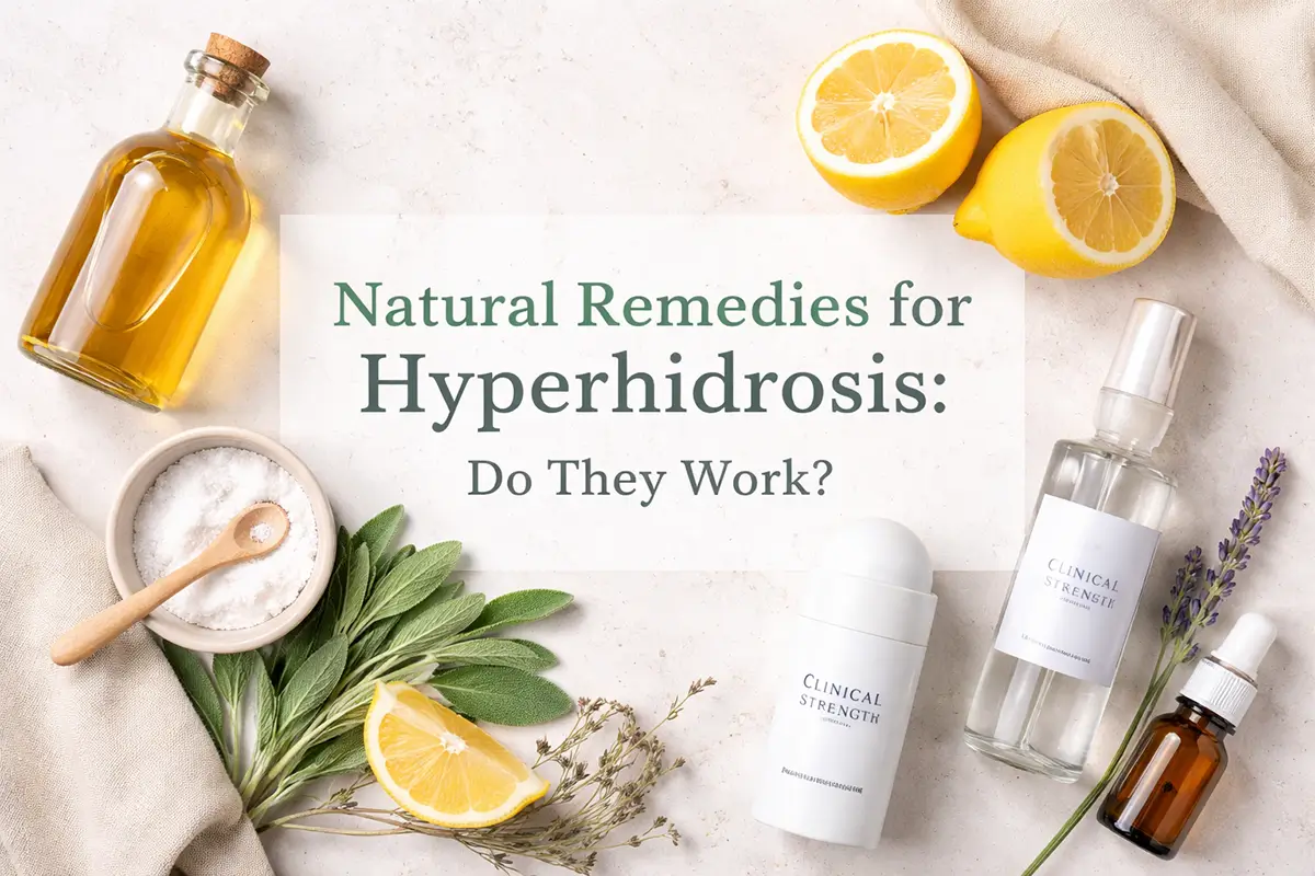 Flat lay of natural hyperhidrosis remedies, including sage, apple cider vinegar, lemons, witch hazel, baking soda, and a clinical-strength antiperspirant, arranged on a light stone background with a text overlay reading “Natural Remedies for Hyperhidrosis: Do They Work?”