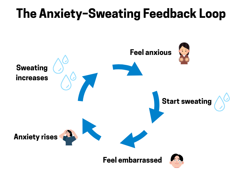 A circular diagram illustrating how anxiety can lead to sweating, which leads to more anxiety, thus creating a cycle.