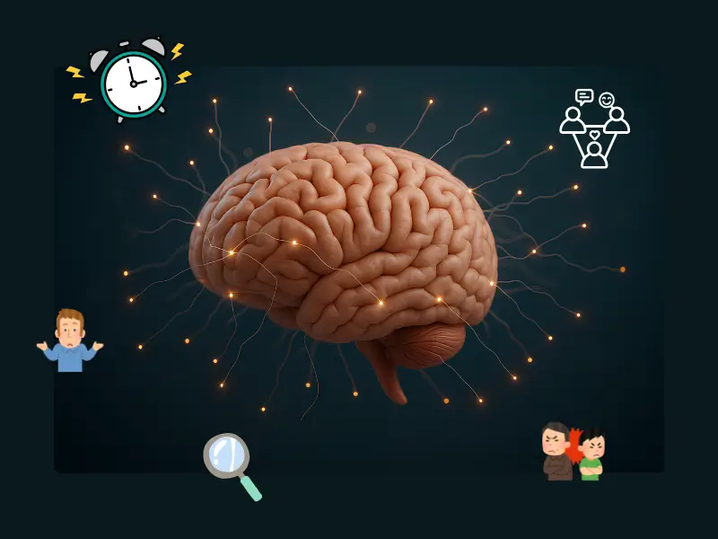 An illustration of a human brain surrounded by subtle stressors triggering anxiety and sweating.