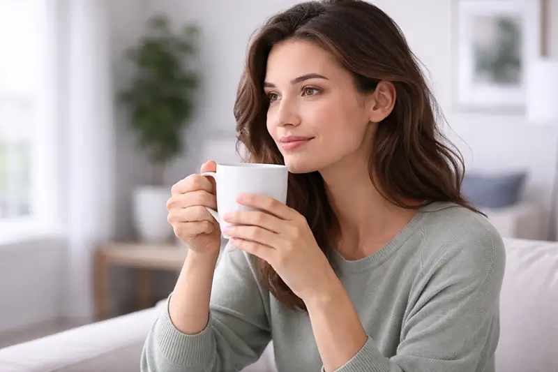 Person calmly drinking coffee in a cool environment without excessive sweating