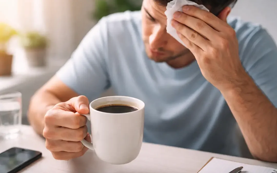 A man holding a cup of coffee and wiping his forehead as he wonders if caffeine is making his sweating worse.