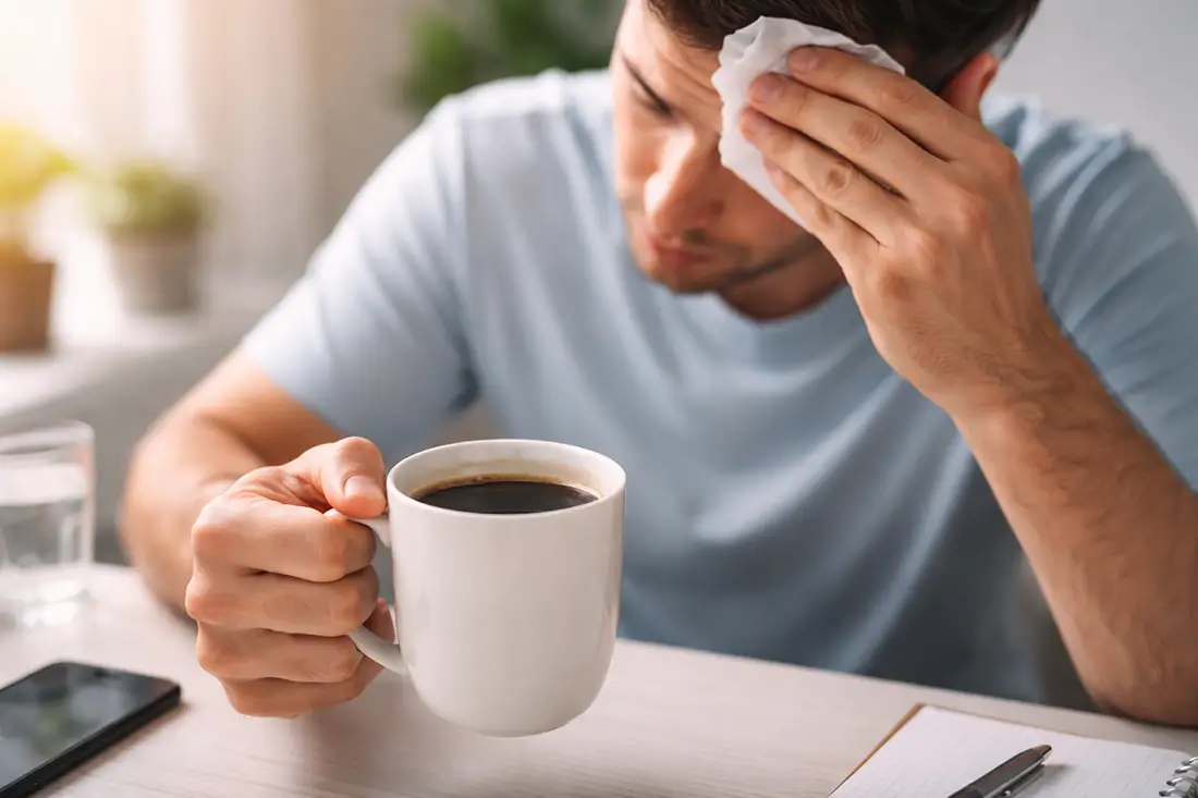A man holding a cup of coffee and wiping his forehead as he wonders if caffeine is making his sweating worse.