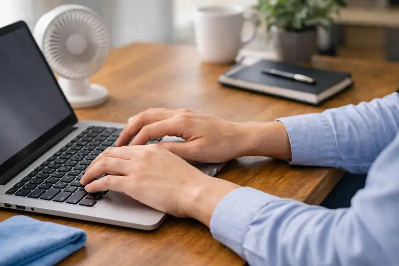 Person typing with dry hands on a laptop at a desk with a small fan nearby.