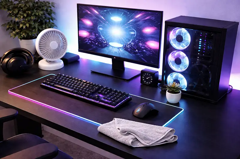 Gaming desk setup with small fan and cloth to reduce sweaty hands during gameplay