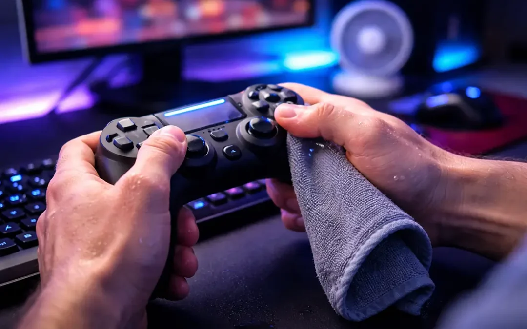 Close-up of sweaty hands on a gaming controller being wiped during gameplay