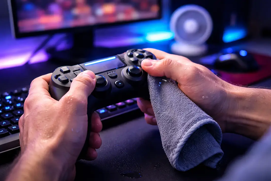 Close-up of sweaty hands on a gaming controller being wiped during gameplay