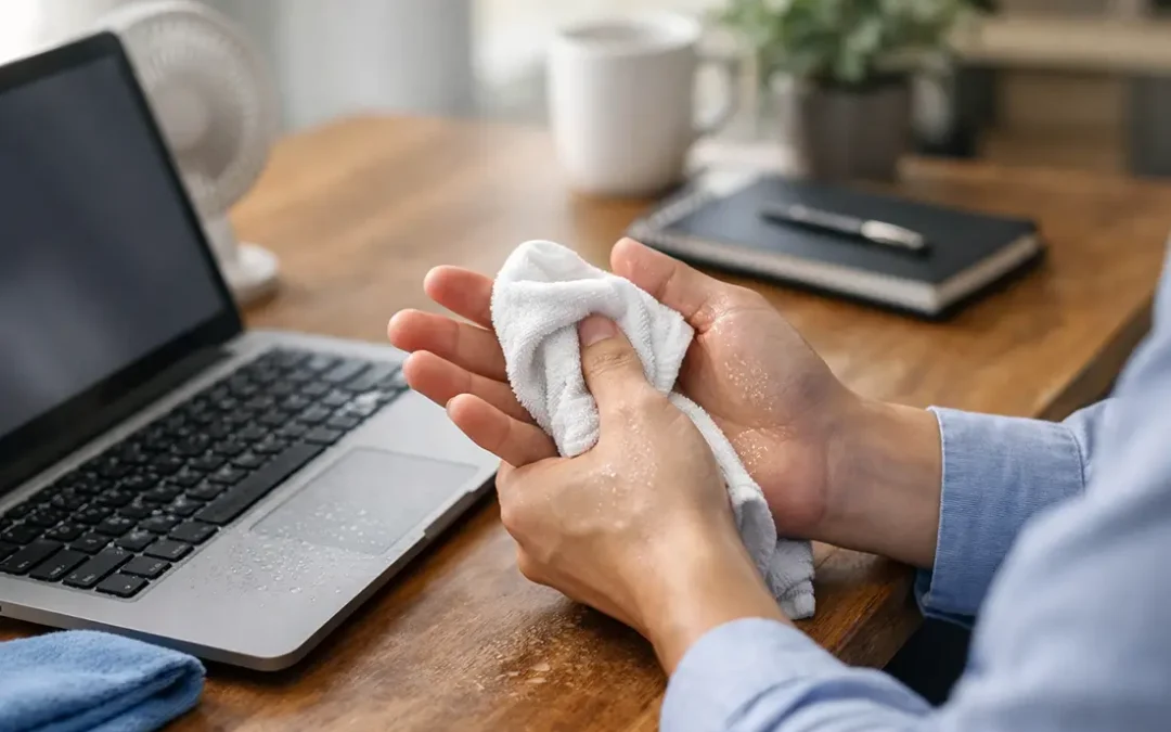 Person wiping sweaty hands before typing on a laptop at a desk.