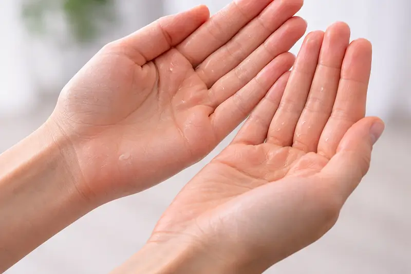 Close-up of sweaty palms showing a common symptom of hyperhidrosis