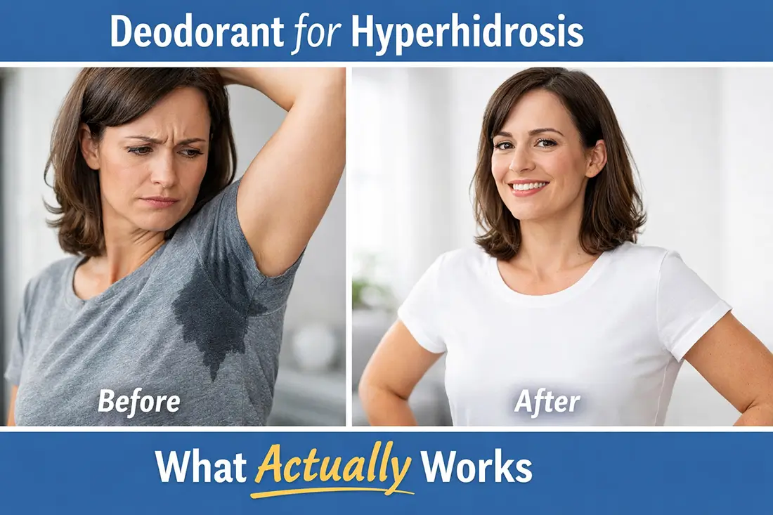 Deodorant for hyperhidrosis before and after comparison showing sweaty underarms versus dry results after using effective antiperspirant.