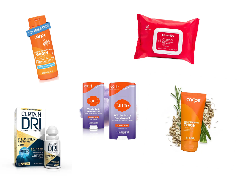 A variety of antiperspirant types for groin sweating.