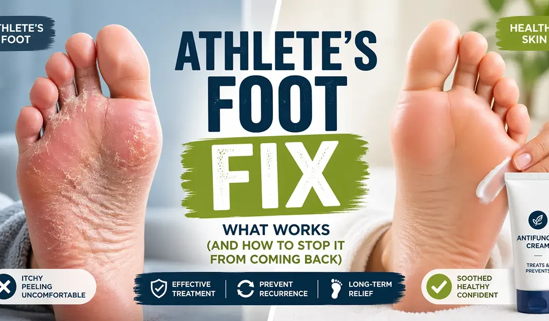 Before and after comparison of athlete’s foot showing dry, peeling skin vs healthy foot after using antifungal cream treatment