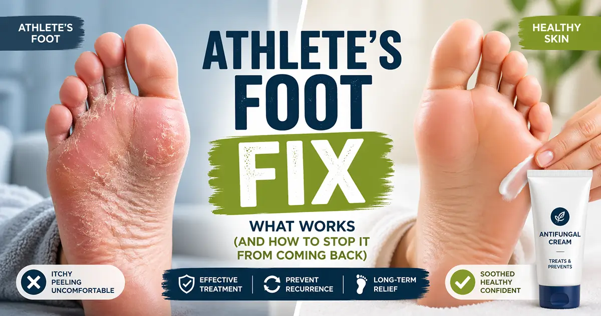Before and after comparison of athlete’s foot showing dry, peeling skin vs healthy foot after using antifungal cream treatment