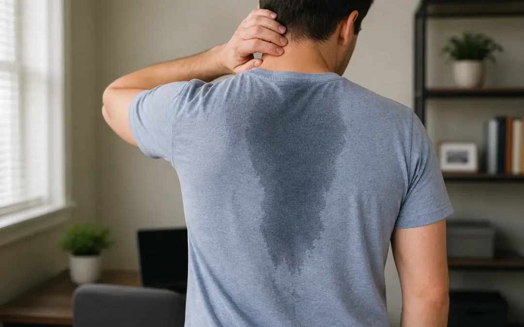 Person with visible back sweat stain on shirt showing excessive sweating on back